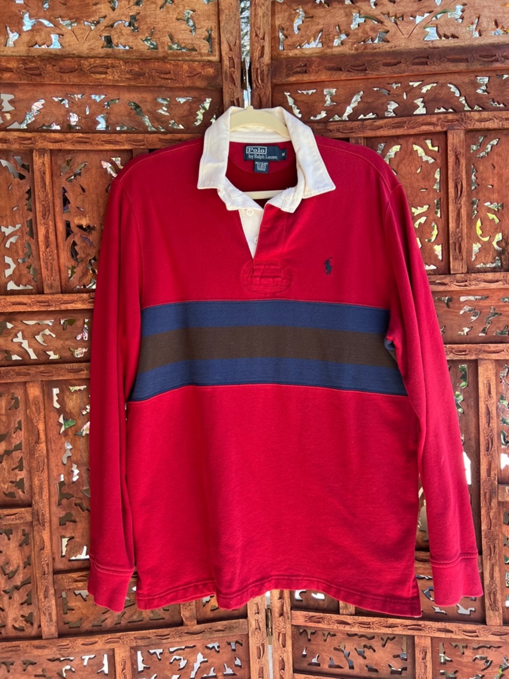 Ralph Lauren Red Rugby Shirt with Navy and Brown Stripes